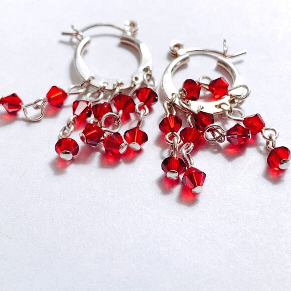 Vintage Artisan Sterling Silver Swarovski Red Crystal Dangle Earrings Handmade - Picture 13 of 13